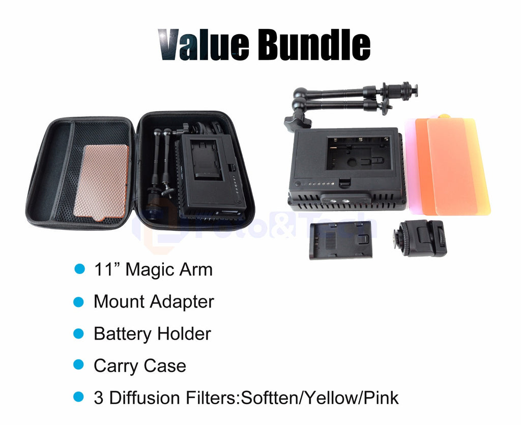 Foto&Tech Dimmable 160 LED Panel Video Light Magic Arm Filters Case Bundle